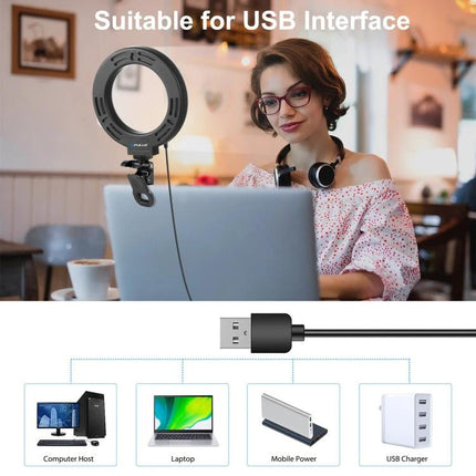 PULUZ Ring Light for Everyday Vlogging and Home Selfies mounted on laptop for clearer video calls and home selfies, USB-powered