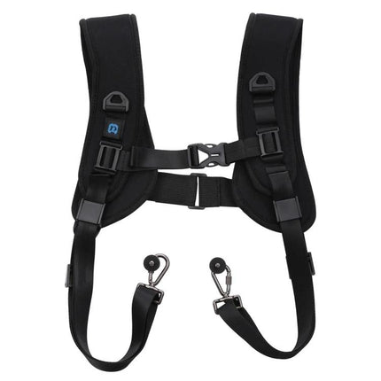 PULUZ Double Shoulder Harness with Soft Padding for DSLR Cameras shown in black with padded straps and metal camera clips