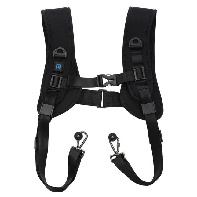 PULUZ Double Shoulder Harness with Soft Padding for DSLR Cameras shown in black with padded straps and metal camera clips