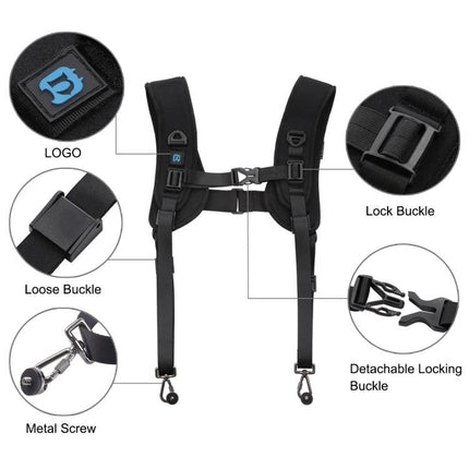 PULUZ Double Shoulder Harness with Soft Padding for DSLR Cameras - black dual camera harness with buckles and metal screws