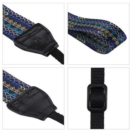 PULUZ Retro Ethnic Style Camera Strap for DSLR Cameras - blue geometric patterned vintage DSLR neck strap with leather ends and adjustable buckle