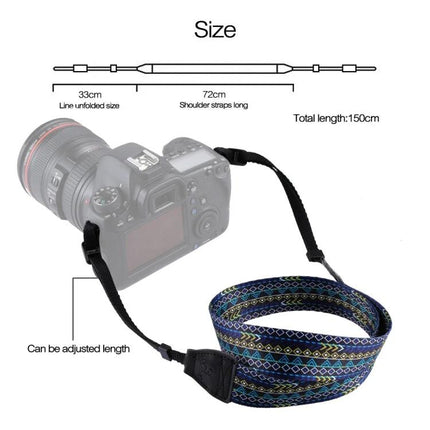 PULUZ Retro Ethnic Style Camera Strap for DSLR Cameras adjustable vintage-patterned strap shown with DSLR and size diagram
