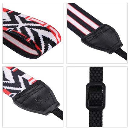 PULUZ Retro Ethnic Style Camera Neck Strap for SLR Cameras - black white red ethnic pattern, leather ends and adjustable buckle, close-up details