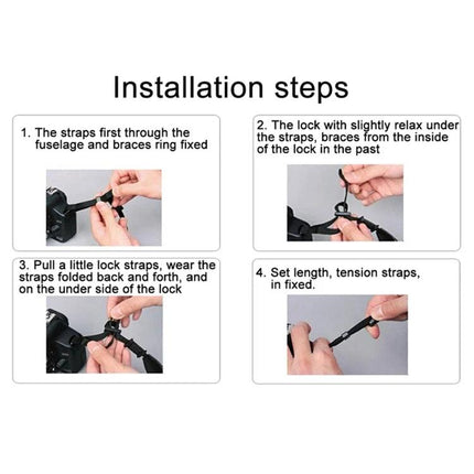 PULUZ Retro Ethnic Style Camera Neck Strap for SLR Cameras installation steps showing threading strap, locking buckle, adjusting length and tension