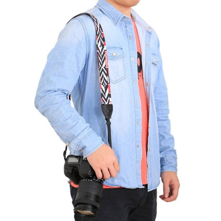 PULUZ Retro Ethnic Style Camera Neck Strap for SLR Cameras shown on photographer wearing patterned strap with SLR camera