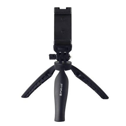 PULUZ Tripod Mount for Stable Smartphone Use on Desks on a compact black desktop tripod holding a phone for steady video calls and recording