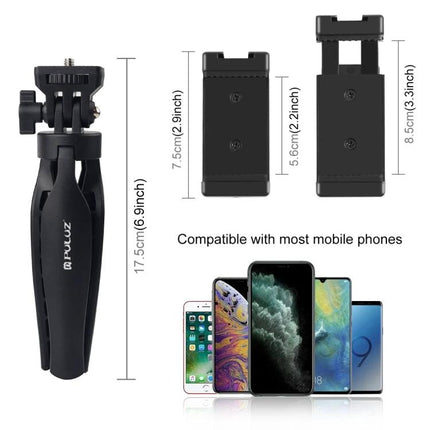 PULUZ Tripod Mount for Stable Smartphone Use on Desks showing compact tripod, adjustable phone holder sizes, and sample phones for compatibility