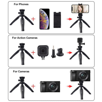 PULUZ Tripod Mount for Stable Smartphone Use on Desks - compact desktop tripod holding phone, action camera, and mirrorless camera for steady video calls and recordings