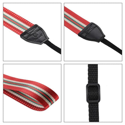 PULUZ Vintage Stripe Camera Neck Strap for SLR Cameras showing red-green striped cloth, leather ends and adjustable black webbing