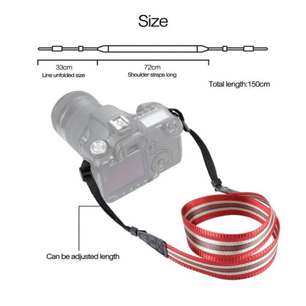 PULUZ Vintage Stripe Camera Neck Strap for SLR Cameras — red striped adjustable cloth SLR camera strap shown with DSLR and size diagram