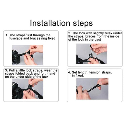 PULUZ Vintage Stripe Camera Neck Strap for SLR Cameras showing installation steps and buckle attachments for secure camera mounting