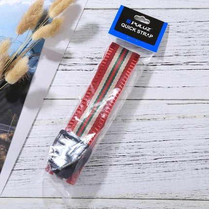 PULUZ Vintage Stripe Camera Neck Strap for SLR Cameras red striped cloth strap in retail packaging on white wood background
