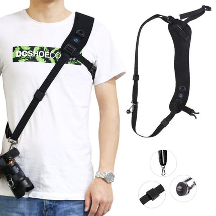PULUZ Curved Camera Strap for Comfortable Daily Carrying worn across shoulder with DSLR attached, ergonomic padded sling for outdoor photography