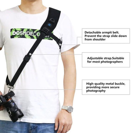 PULUZ Curved Camera Strap for Comfortable Daily Carrying showing ergonomic shoulder sling on photographer with DSLR, adjustable and anti-slip design