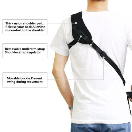 PULUZ Curved Camera Strap for Comfortable Daily Carrying worn by person showing ergonomic nylon shoulder pad, underarm strap and movable buckle