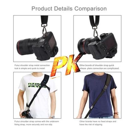 PULUZ Curved Camera Strap for Comfortable Daily Carrying showing DSLR attached, ergonomic shoulder pad and secure metal connection for outdoor photography