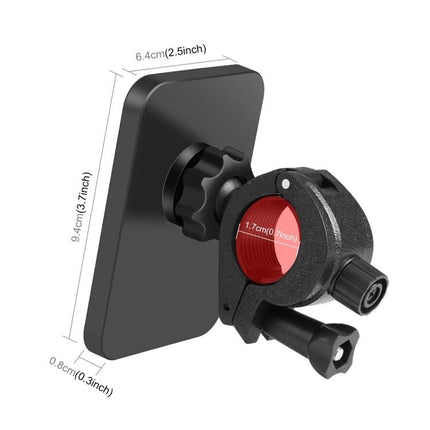PULUZ Magnetic Charger for Daily Vlogging and Phone Use attached to car vent mount showing dimensions and clamp detail