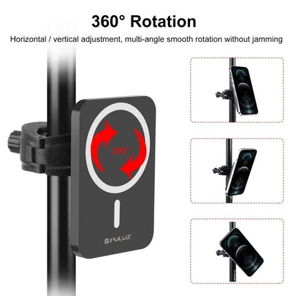 PULUZ Magnetic Charger for Daily Vlogging and Phone Use attached to pole showing 360° rotation and hands-free vlogging mount