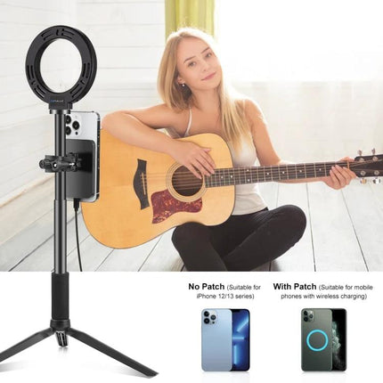 PULUZ Magnetic Charger for Daily Vlogging and Phone Use mounted on tripod with ring light beside woman playing guitar