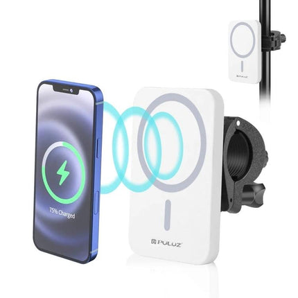 PULUZ Magnetic Charger for Daily Vlogging and Phone Use - white magnetic wireless charger mounted to bike or car vent holding phone charging 75%