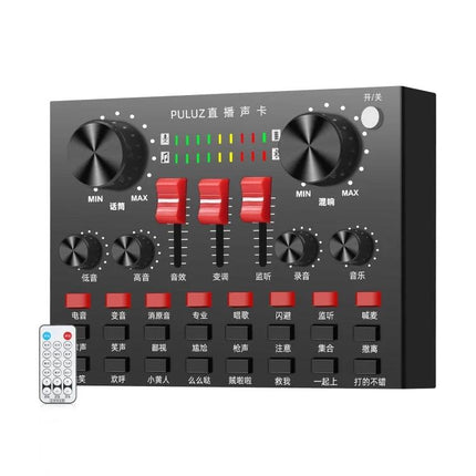 PULUZ Sound Card for Everyday Home Karaoke and Recording - compact black audio mixer with knobs and sliders for clear vocals