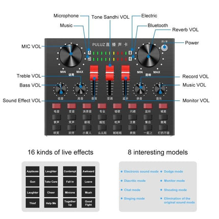 PULUZ Sound Card for Everyday Home Karaoke and Recording compact mixer with knobs sliders and labeled effects for clear vocals