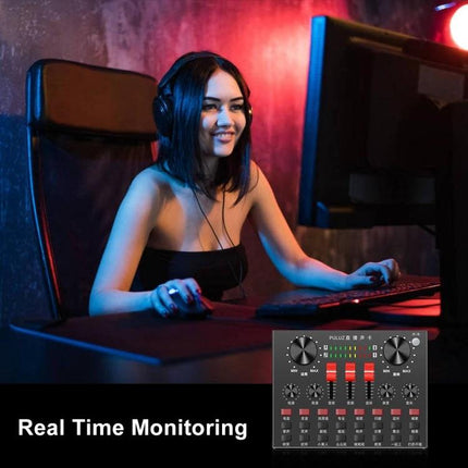 Woman using PULUZ Sound Card for Everyday Home Karaoke and Recording with headphones and real-time monitoring