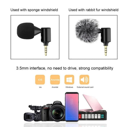 PULUZ Microphone for Daily Mobile Calls and Recordings shown with sponge and rabbit fur windshields and 3.5mm plug for phones and cameras