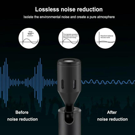 PULUZ Microphone for Everyday Mobile Phone Recordings showing lossless noise reduction diagram and before-after waveforms