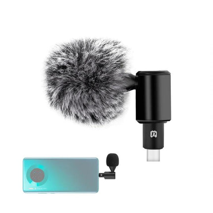 PULUZ Type-C Microphone for Everyday Mobile Video and Audio Capture — compact Type-C mic with windscreen mounted on smartphone for clear mobile recording