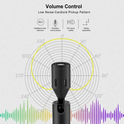 PULUZ Type-C Microphone for Everyday Mobile Video and Audio Capture showing cardioid pickup pattern, volume control icons and colorful audio waveform