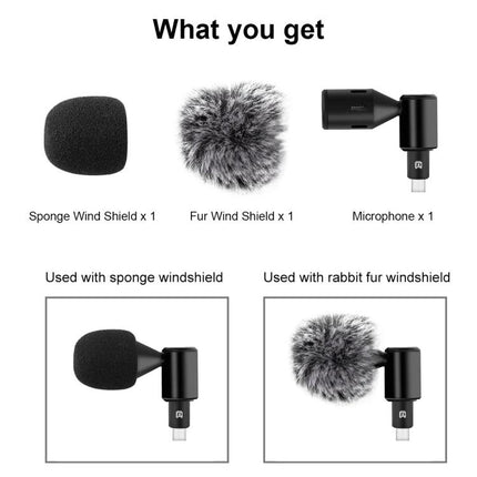 PULUZ Type-C Microphone for Everyday Mobile Video and Audio Capture showing sponge and fur windshields and Type-C mic accessory