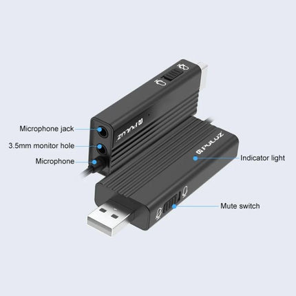 PULUZ Clip-On Lapel Mic for Everyday Video Calls and Teaching USB lavalier adapter showing microphone jack, 3.5mm monitor hole, indicator light, mute switch