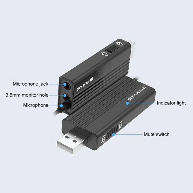 PULUZ Clip-On Lapel Mic for Everyday Video Calls and Teaching USB lavalier adapter showing microphone jack, 3.5mm monitor hole, indicator light, mute switch