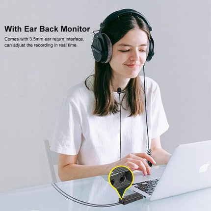 PULUZ Clip-On Lapel Mic for Everyday Video Calls and Teaching clipped to shirt while a remote worker uses laptop with headphones