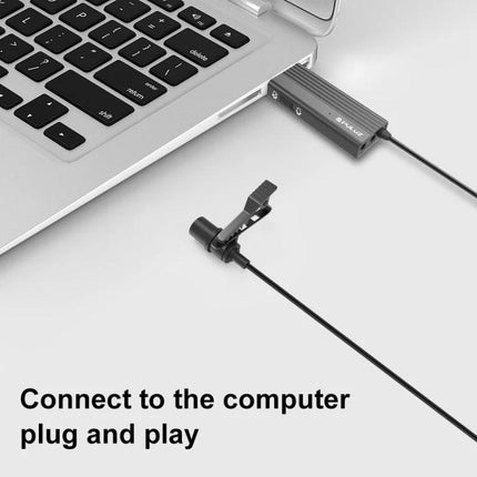 PULUZ Clip-On Lapel Mic for Everyday Video Calls and Teaching clipped to shirt and connected via USB to laptop for plug-and-play audio