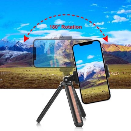 PULUZ Inlaid Wood Tripod for Desktop Vlogging and Live Streaming shown holding smartphone with 180° rotation for stable tabletop shots