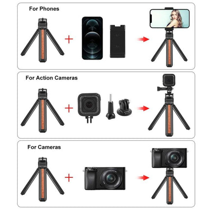 PULUZ Inlaid Wood Tripod for Desktop Vlogging and Live Streaming compact tabletop tripod shown with phone, action camera, and mirrorless camera setups