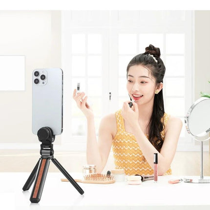 PULUZ Inlaid Wood Tripod for Desktop Vlogging and Live Streaming - compact desktop tripod holding smartphone for makeup vlogging and live streaming