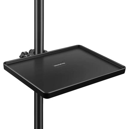 PULUZ Tray for Sound Cards on Daily Music Stands and Tripods mounted on stand showing black ABS tray with adjustable clamp for stable audio gear placement