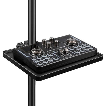 PULUZ Tray for Sound Cards on Daily Music Stands and Tripods holding a compact audio mixer on a tripod-mounted music stand