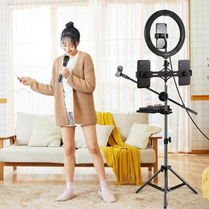 PULUZ Tray for Sound Cards on Daily Music Stands and Tripods supporting mixer and phones on tripod with ring light for home streaming