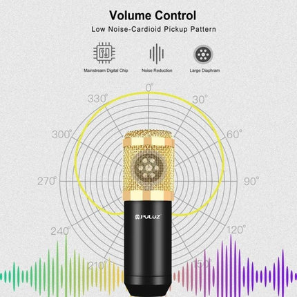 PULUZ Microphone Ideal for Daily Home Recording Tasks - gold condenser mic with cardioid pickup diagram and colorful waveform