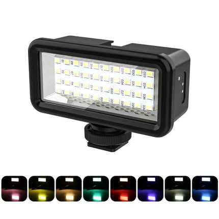 PULUZ 40 LEDs Waterproof Fill Light for Diving Photography showing rectangular LED panel on camera shoe mount, multiple color modes, compact waterproof design