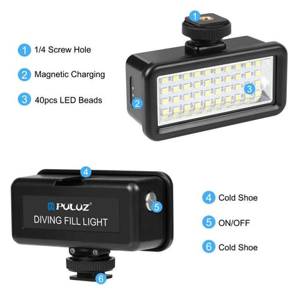 PULUZ 40 LEDs Waterproof Fill Light for Diving Photography compact 40 LED diving fill light with magnetic charging and cold shoe mount