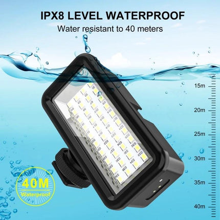 PULUZ 40 LEDs Waterproof Fill Light for Diving Photography showing IPX8 waterproof design and 40m depth rating