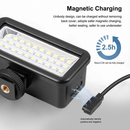 PULUZ 40 LEDs Waterproof Fill Light for Diving Photography showing magnetic charging cable and LED panel