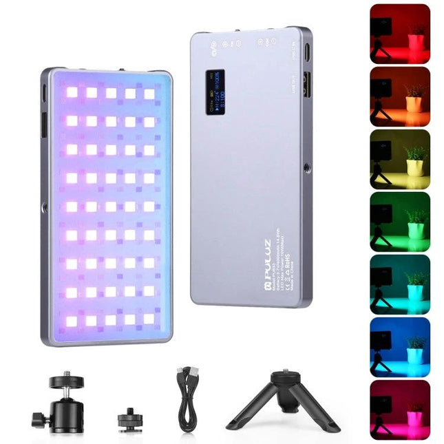PULUZ Portable RGB LED Light for Vlogging and Photography - slim metal RGB panel with tripod, ball head and USB cable, multiple color effects