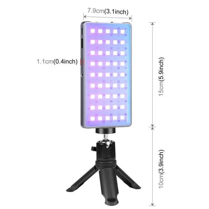 PULUZ Portable RGB LED Light for Vlogging and Photography slim metal body on mini tripod showing purple-blue LEDs and dimensions