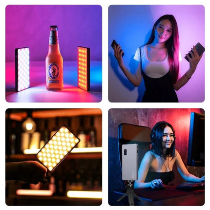 PULUZ Portable RGB LED Light for Vlogging and Photography showing slim metal lights creating colorful portrait and product illumination